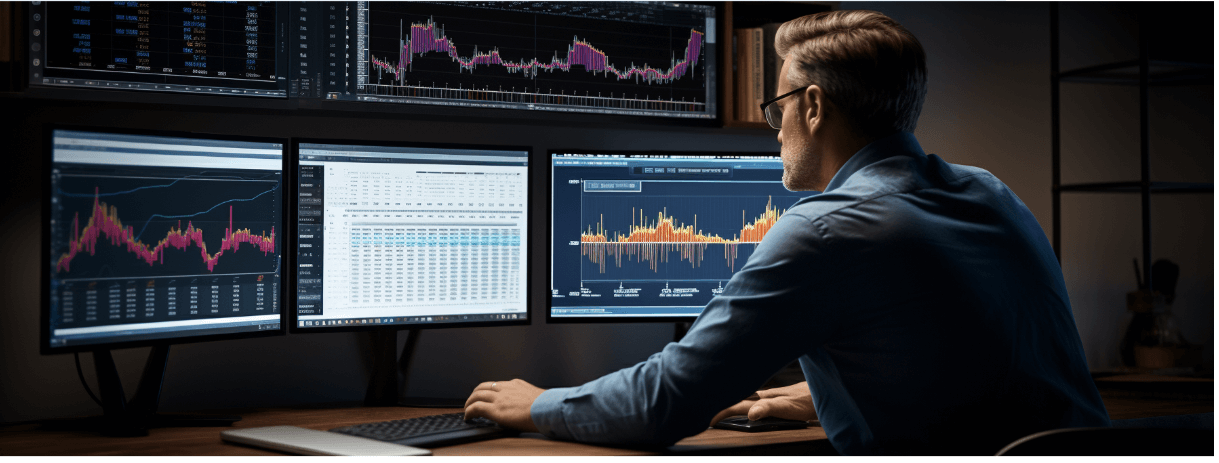 Businessman using three monitors to utilize proposal automation software