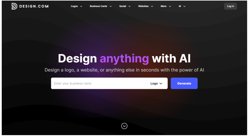 AI branding software dashboard showing logo design tools, brand color palette generator, and automated brand identity creation features.