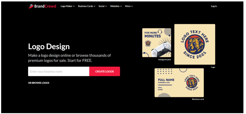 BrandCrowd AI logo maker dashboard showing logo templates, brand color tools, and customization options.