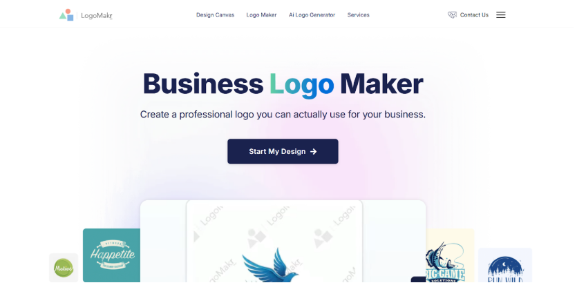 Logomakr logo design dashboard showing drag and drop logo creation tools, icons, and typography editor.